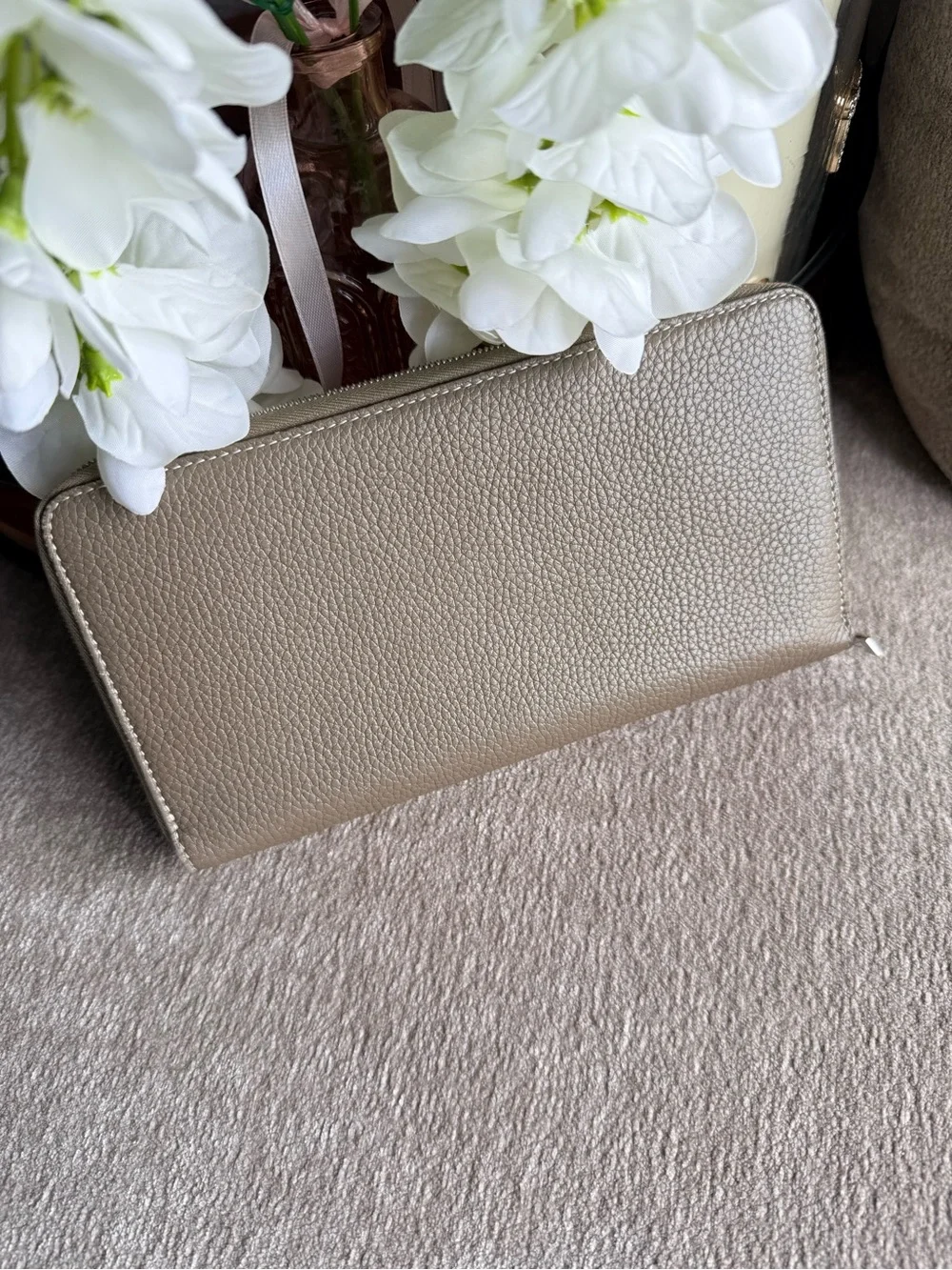 Celine Zip-Around Pebbled Leather Wallet in Taupe Beige Authentic
